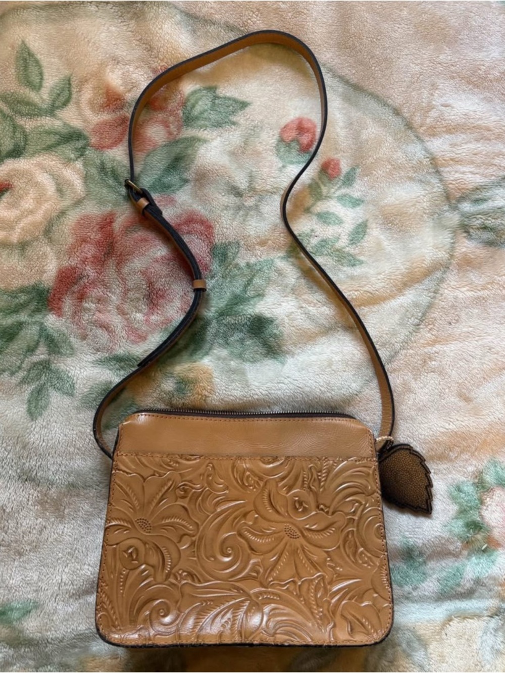 Patricia Nash Tan Tooled Floral Leather Crossbody